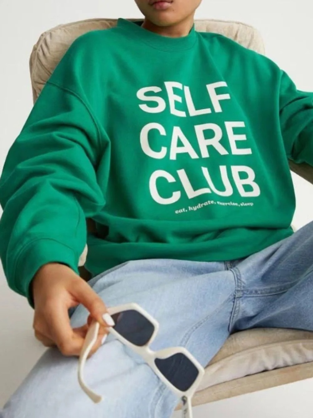 H&M - Self Care Club Kelly Green pullover sweatshirt sporty rich oversized
